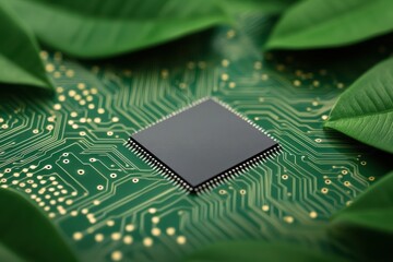A modern microchip resting on a vibrant green circuit board, surrounded by lush leaves, symbolizing the fusion of technology and nature.