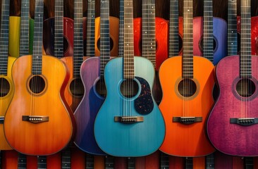 Colorful acoustic guitars displayed together showcasing various styles and designs
