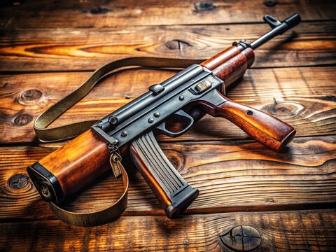 Vintage Submachine Gun Display with Wood and Metal Elements on a Rustic Wooden Table Background