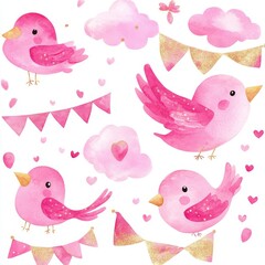 This clip art illustration shows cute watercolor hand-drawn flags, birds, and clouds.