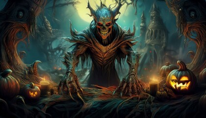Scary Halloween scene with a dark creature, mystic objects and fantastic spiritual fabric background