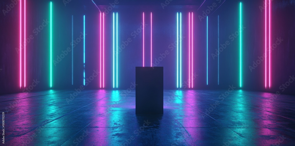 Poster spaceship lab with empty podium interior architecture with glowing neon for cyberpunk product presen