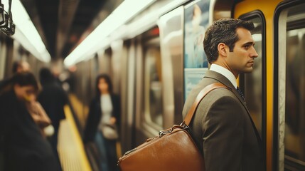 A businessman waits at the train door, preparing to leave the subway.