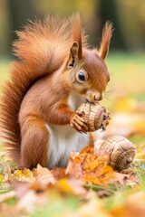 Obraz premium A squirrel holding acorns amidst autumn leaves in a vibrant natural setting.