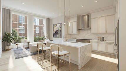 Fototapeta premium A large, open kitchen with a white marble countertop