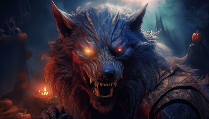 Scary Halloween scene with a dark creature, mystic objects and fantastic spiritual fabric background
