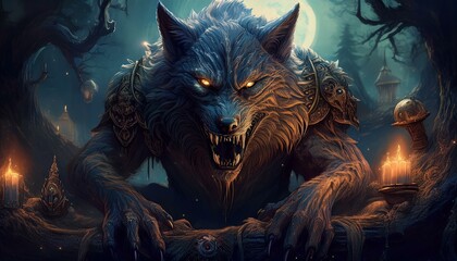 Scary Halloween scene with a dark creature, mystic objects and fantastic spiritual fabric background