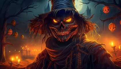 Scary Halloween scene with a dark creature, mystic objects and fantastic spiritual fabric background