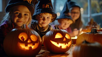 Fototapeta premium A group of children carving pumpkins on a wooden table, their faces illuminated by soft candlelight, while wearing wizard hats.