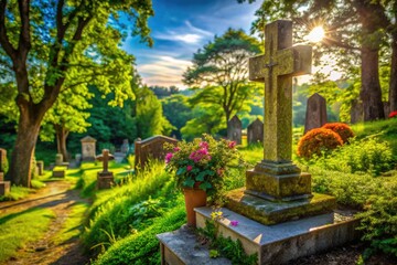 Weathered Gravestone Surrounded by Lush Greenery in a Peaceful Cemetery Landscape During Daylight