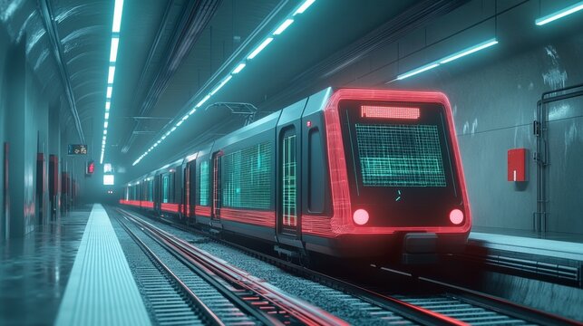Futuristic Subway Train With Glowing Lines, Digital Network Visualization In Modern Metro Station - Powered by Adobe