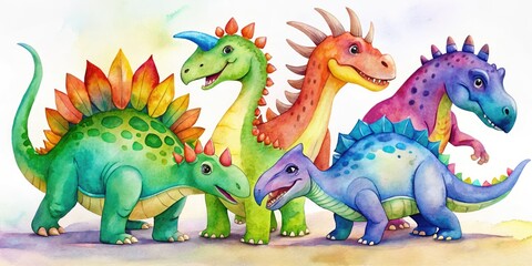 Fototapeta premium Whimsical Watercolor Dinosaurs in Vibrant Colors Perfect for Children's Decor and Educational Use