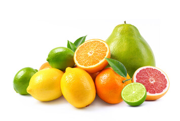 Variety of citrus fruit(green lime, lemon, orange, grpaefruit, tangerine) isolated on white background.