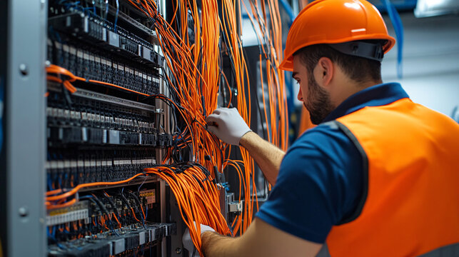 Technician working with colorful fiber optic cables, showcasing complex network infrastructure and telecommunication technology, highlighting hands-on construction and glowing data connections