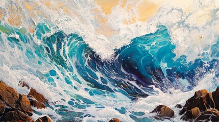 Fototapeta premium A powerful wave crashes against rocks, creating a mesmerizing display of foam and turquoise water.