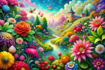 Whimsical Watercolor Wonderland Scene with Vibrant Colors and Enchanting Floral Elements
