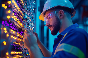 Technician working with colorful fiber optic cables, showcasing complex network infrastructure and telecommunication technology, highlighting hands-on construction and glowing data connections