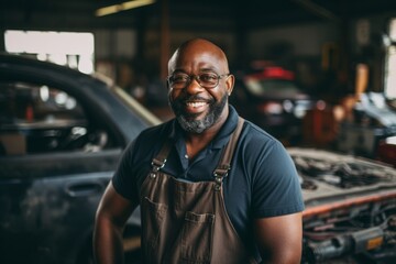 Obraz premium Portrait of a middle aged male mechanic in car shop