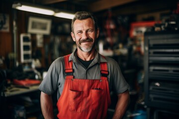 Fototapeta premium Portrait of a middle aged male mechanic in car shop