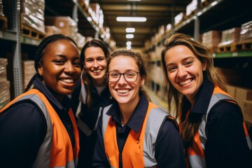 Smiling portrait of a young and diverse group of female warehouse workers