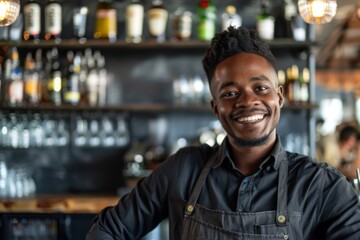Fototapeta premium Smiling portrait of a young African American male bartender