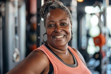 Fototapeta premium Smiling portrait of a slightly overweight African American woman in gym
