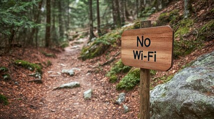 A wooden no wi-fi sign in the middle of a lush forest on a hiking trail, green eco-friendly nature, professional photography