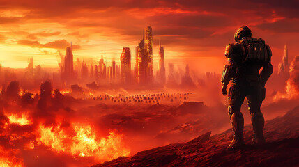 Fototapeta premium Generative AI, Future Warfare: Powered Armor Soldier vs Robot Army