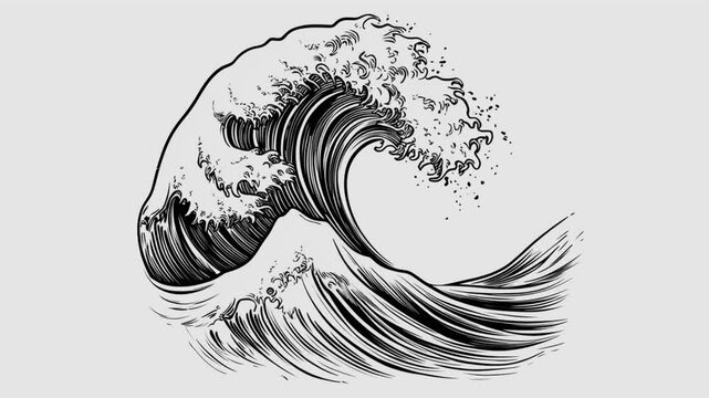Water wave in engraving style graphic animation. Alpha channel. Transparent background motion design. 4K resolution
