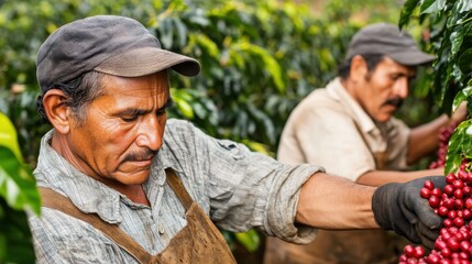 Obraz premium Farmers carefully picking ripe coffee cherries on a vibrant coffee plantation, illustrating the rich tradition and dedication of the coffee production process.