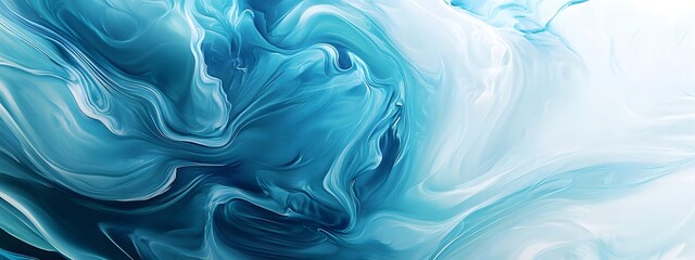 Obraz premium Abstract blue and white fluid background, swirling shapes in shades of oceanic blues and greens, creating an otherworldly atmosphere