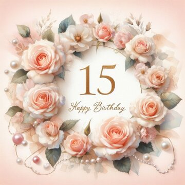 Elegant birthday card featuring soft peach roses and pearls, celebrating a special 15th birthday.