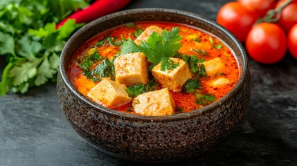 Authentic Northern Thai Pork Curry Dish Gaeng Hang Lay Served in a Traditional Ceramic Bowl with Fresh Herbs and Spices