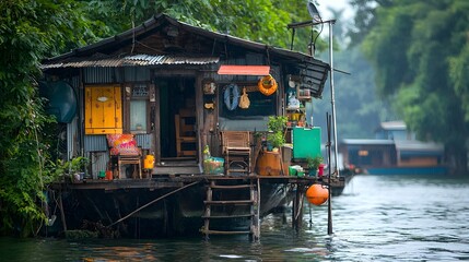 Obraz premium Authentic Thai Houseboat Floating Peacefully on Serene River with Glimpse of Traditional Furnishings and Decor Visible Inside the Vessel