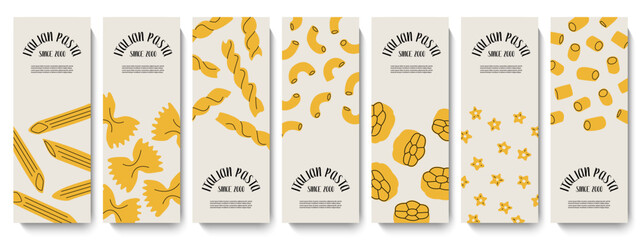 Label of different sorts of pasta. Macaroni, farfalle, penne, fusilli, stelline, ruote, ditalini. Traditional Italian food. Various noodles types. Vector tag, flat cartoon illustration