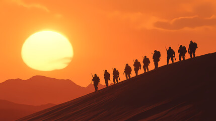 Fototapeta premium Generative AI, Preparing for Battle: Soldiers at Sunrise in the Desert
