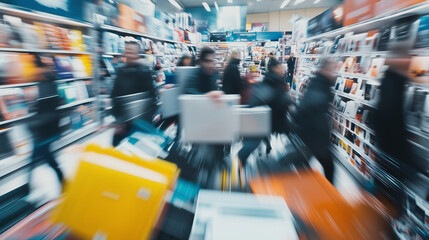 Obraz premium Shoppers Rush to Grab Electronics During the Busy Black Friday Sales Event in a Crowded Store Filled With Discounted Items