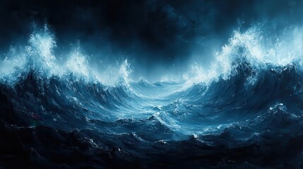 dark blue oil painting of an abstract seascape waves crashing against a rugged coast dynamic brush strokes capturing the oceans power with hints of light shimmering on the water
