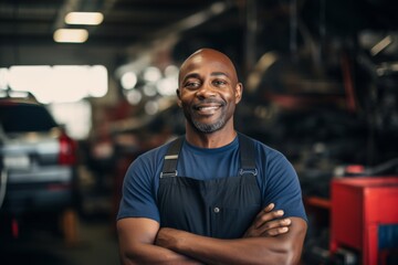Fototapeta premium Portrait of a middle aged male mechanic in car shop