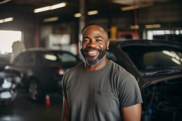 Obraz premium Portrait of a middle aged male mechanic in car shop