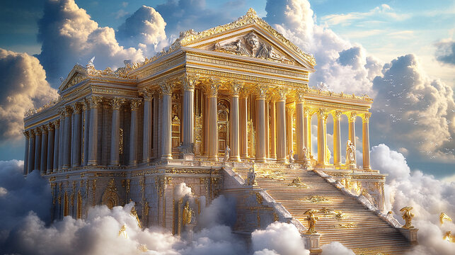 fantastical palace atop mount olympus ethereal clouds majestic columns shimmering golden details mythical creatures otherworldly atmosphere