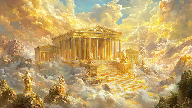 fantastical palace atop mount olympus ethereal clouds majestic columns shimmering golden details mythical creatures otherworldly atmosphere