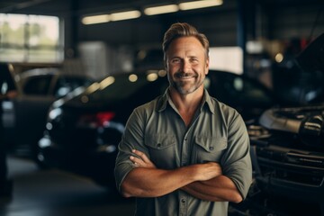 Portrait of a middle aged male mechanic in car shop