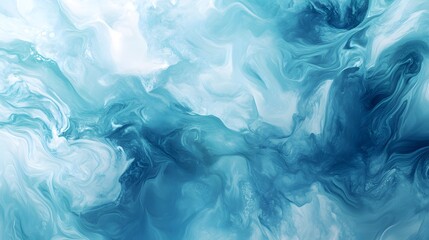 Abstract blue and white fluid background, swirling shapes in shades of oceanic blues and greens, creating an otherworldly atmosphere