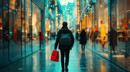 Amid Sparkling Lights and Bustling Shoppers, a Lone Figure Carries a Vibrant Bag During the Black Week Sales at a Popular Retail Destination