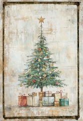 A vintage oil painting of a decorated colourful christmas tree with presents underneath