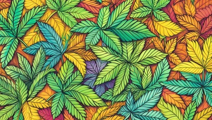 Fototapeta premium Beautiful Designer 420 Cannabis Seasonal Background with Graphic Illustrations Modern Wallpaper Template with Vibrant Hues for Presentations, Ads, and All Applications (generative AI)