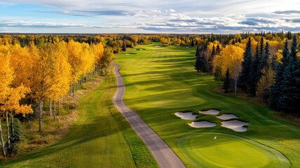 Naklejka premium Aerial view of a green golf course surrounded by vibrant autumn foliage under a cloudy sky.