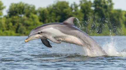 Obraz premium A dolphin leaps gracefully above the water's surface in a natural setting.