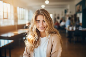 Fototapeta premium Smiling portrait of a young female college student